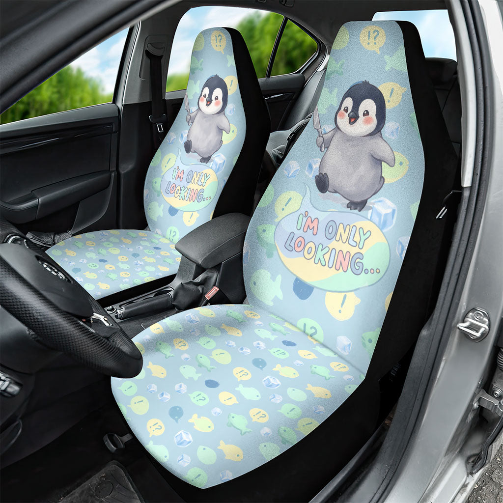 Sneaky Flipper Cute Penguin Holding Knife Car Seat Cover Funny Chibi Penguin Graphic With Ice And Fish Pattern