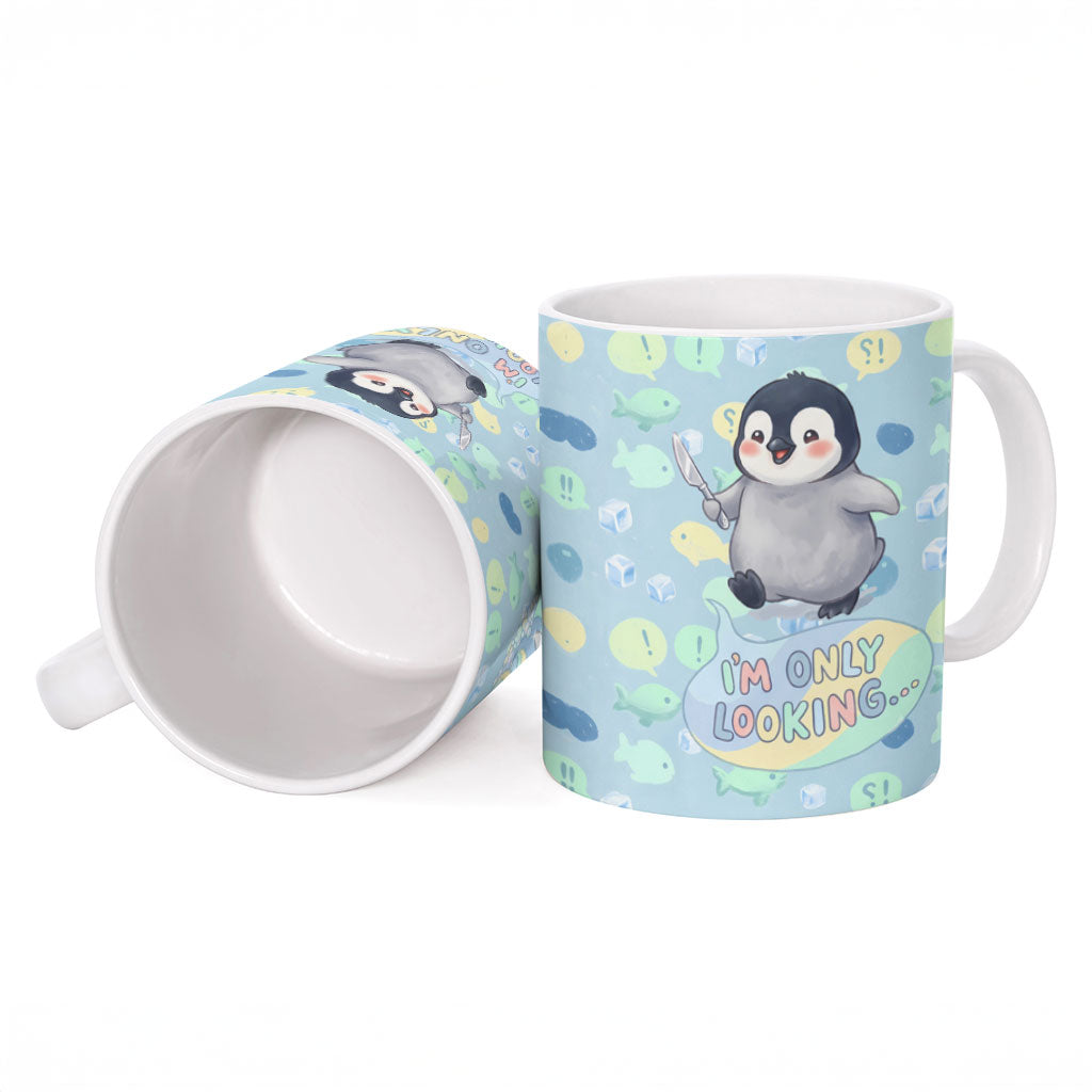 Sneaky Flipper Cute Penguin Holding Knife Ceramic Mug Funny Chibi Penguin Graphic With Ice And Fish Pattern