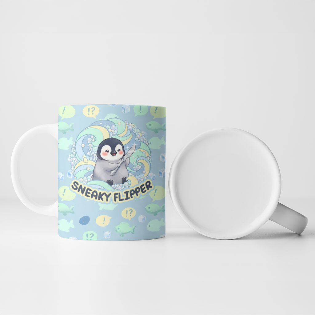 Sneaky Flipper Cute Penguin Holding Knife Ceramic Mug Funny Chibi Penguin Graphic With Ice And Fish Pattern