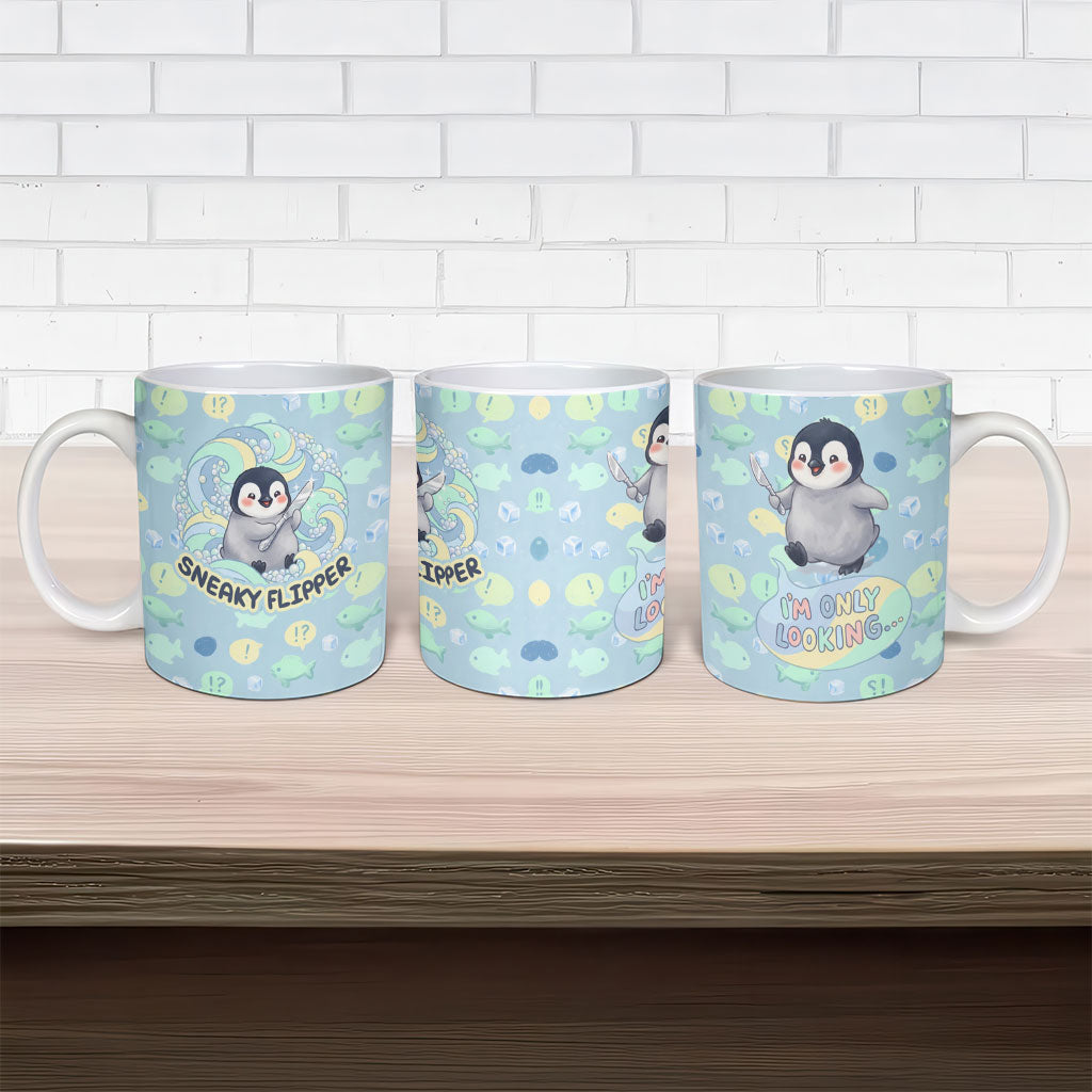 Sneaky Flipper Cute Penguin Holding Knife Ceramic Mug Funny Chibi Penguin Graphic With Ice And Fish Pattern