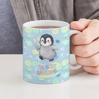 Sneaky Flipper Cute Penguin Holding Knife Ceramic Mug Funny Chibi Penguin Graphic With Ice And Fish Pattern