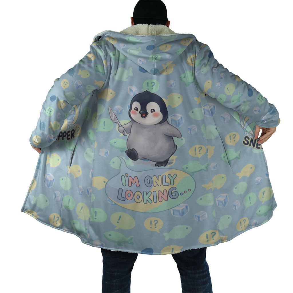 Sneaky Flipper Cute Penguin Holding Knife Cloak Funny Chibi Penguin Graphic With Ice And Fish Pattern