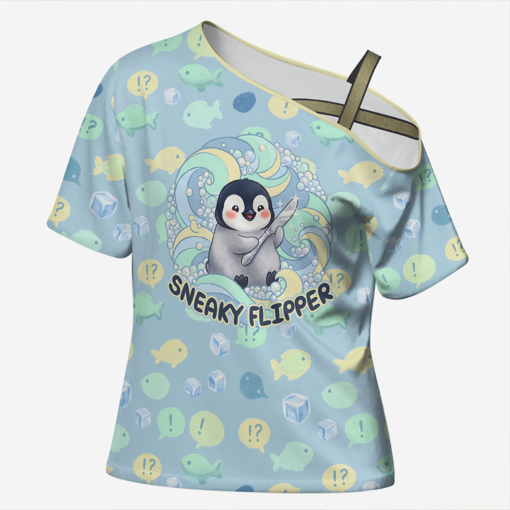 Sneaky Flipper Cute Penguin Holding Knife Cross Shoulder Shirt Funny Chibi Penguin Graphic With Ice And Fish Pattern