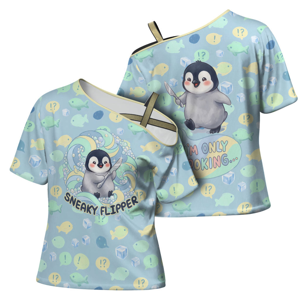 Sneaky Flipper Cute Penguin Holding Knife Cross Shoulder Shirt Funny Chibi Penguin Graphic With Ice And Fish Pattern