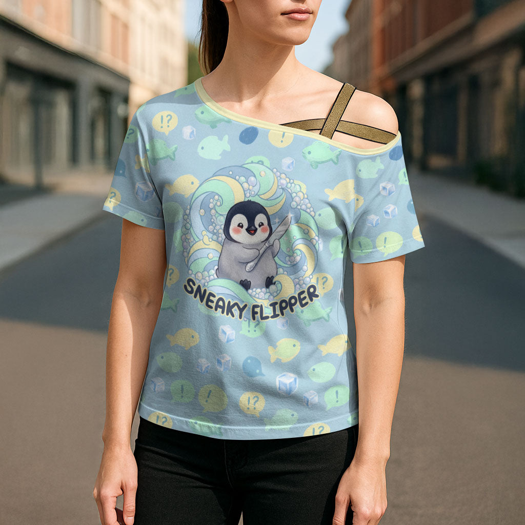 Sneaky Flipper Cute Penguin Holding Knife Cross Shoulder Shirt Funny Chibi Penguin Graphic With Ice And Fish Pattern