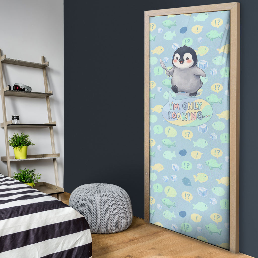 Sneaky Flipper Cute Penguin Holding Knife Door Cover Funny Chibi Penguin Graphic With Ice And Fish Pattern