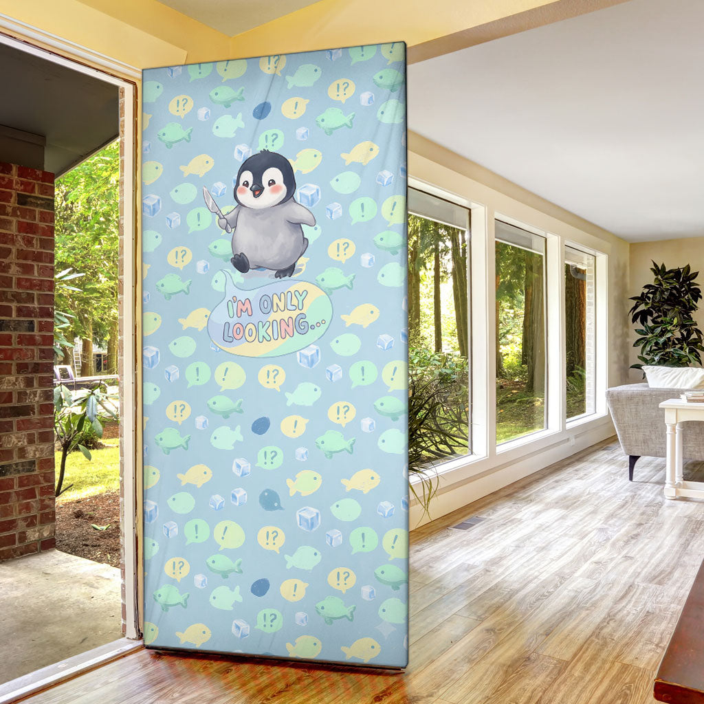 Sneaky Flipper Cute Penguin Holding Knife Door Cover Funny Chibi Penguin Graphic With Ice And Fish Pattern