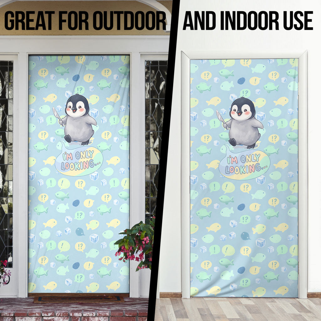 Sneaky Flipper Cute Penguin Holding Knife Door Cover Funny Chibi Penguin Graphic With Ice And Fish Pattern