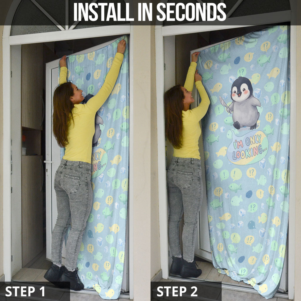 Sneaky Flipper Cute Penguin Holding Knife Door Cover Funny Chibi Penguin Graphic With Ice And Fish Pattern