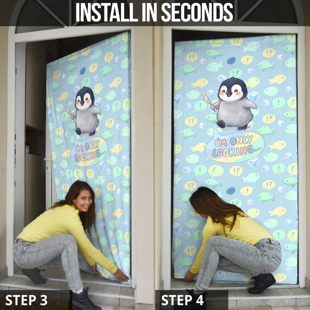 Sneaky Flipper Cute Penguin Holding Knife Door Cover Funny Chibi Penguin Graphic With Ice And Fish Pattern