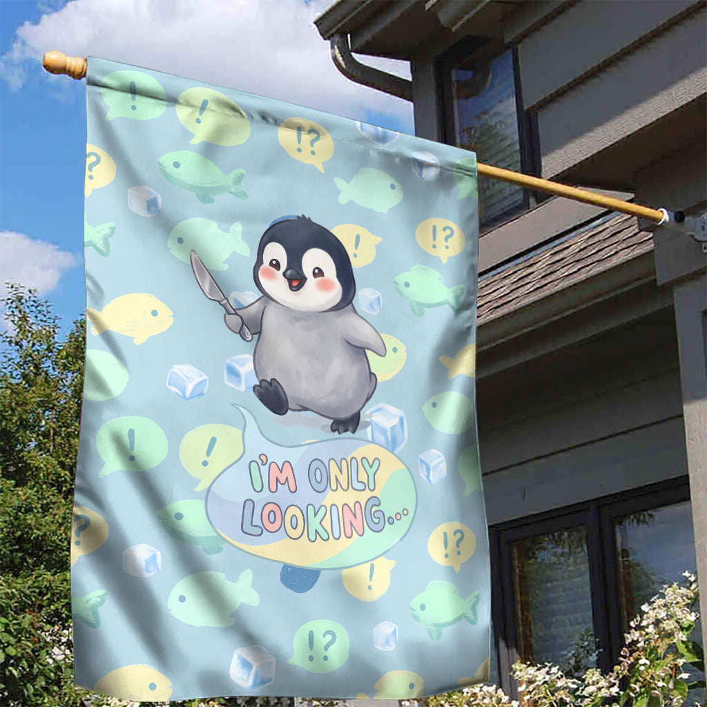 Sneaky Flipper Cute Penguin Holding Knife Garden Flag Funny Chibi Penguin Graphic With Ice And Fish Pattern