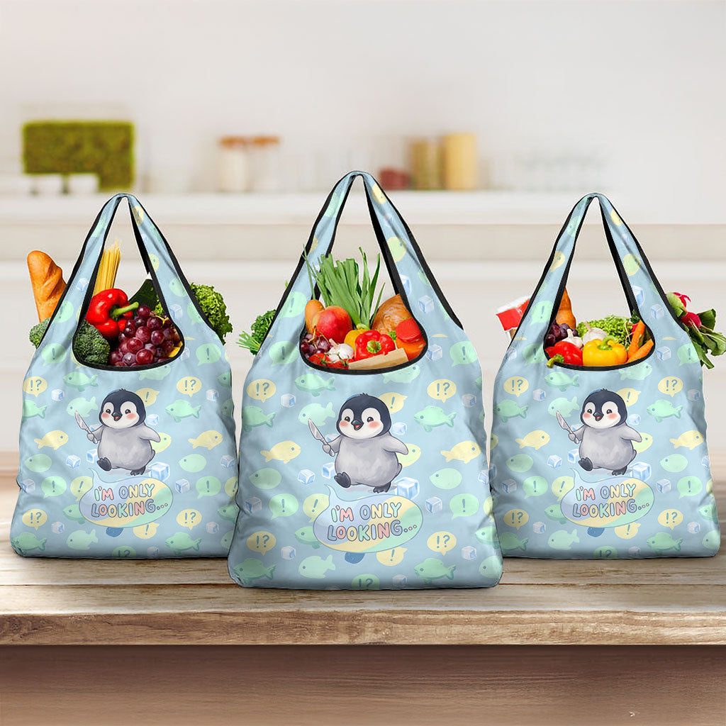 Sneaky Flipper Cute Penguin Holding Knife Grocery Bag Funny Chibi Penguin Graphic With Ice And Fish Pattern