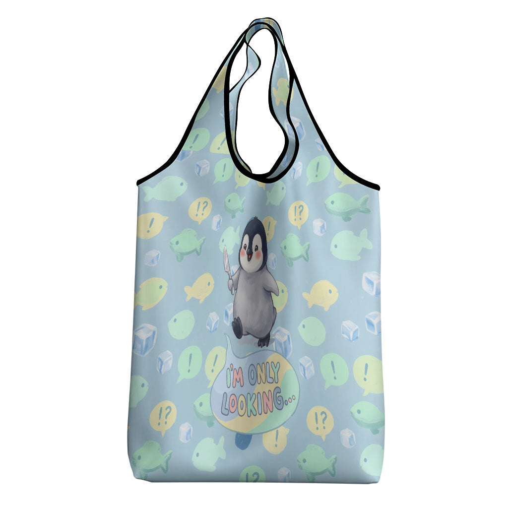 Sneaky Flipper Cute Penguin Holding Knife Grocery Bag Funny Chibi Penguin Graphic With Ice And Fish Pattern