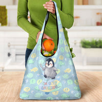 Sneaky Flipper Cute Penguin Holding Knife Grocery Bag Funny Chibi Penguin Graphic With Ice And Fish Pattern