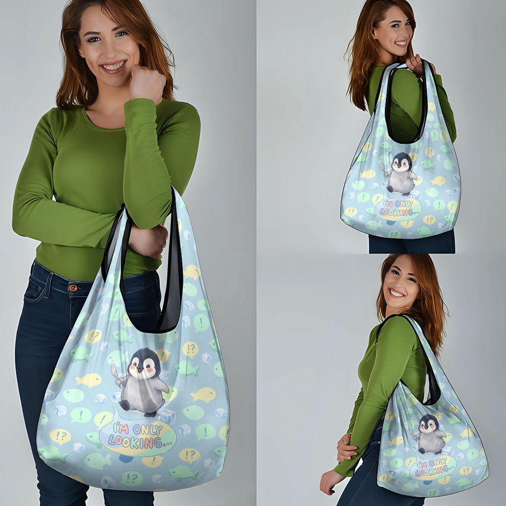Sneaky Flipper Cute Penguin Holding Knife Grocery Bag Funny Chibi Penguin Graphic With Ice And Fish Pattern