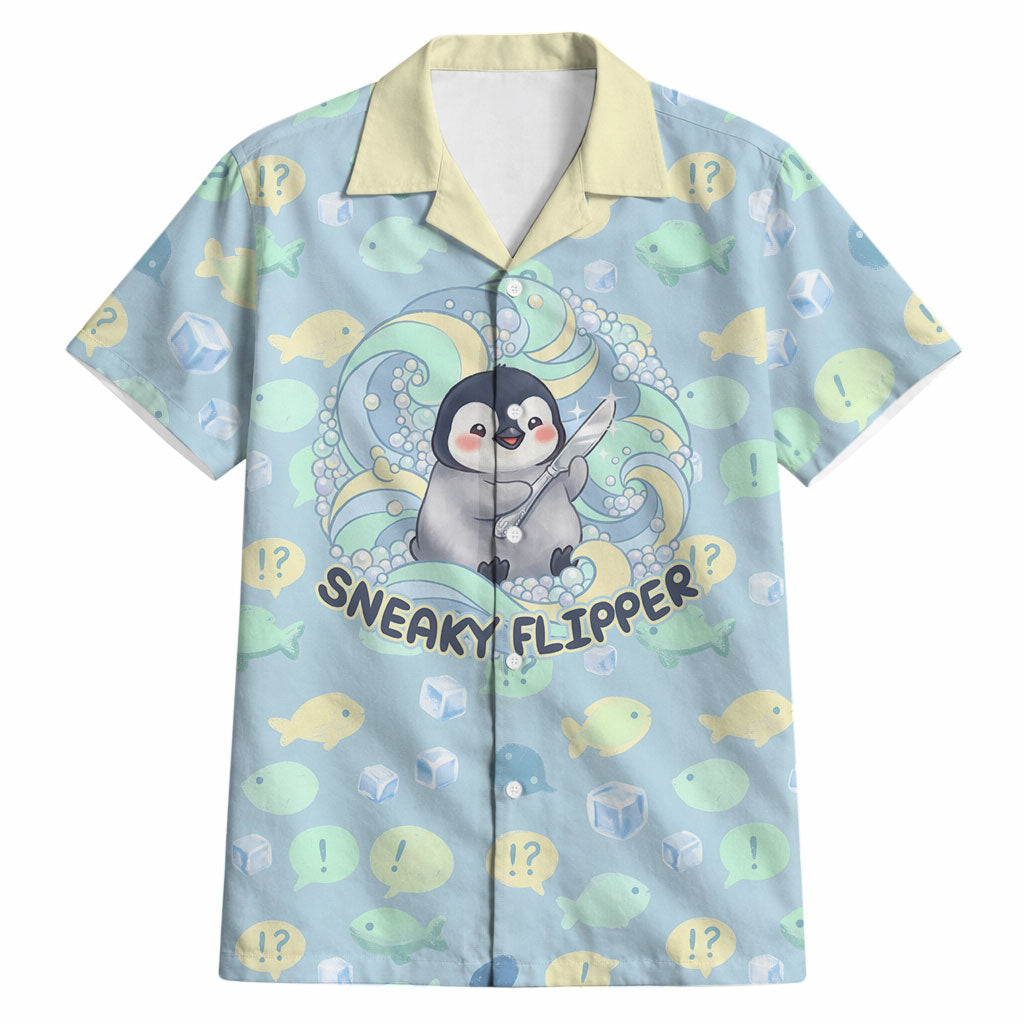 Sneaky Flipper Cute Penguin Holding Knife Hawaiian Shirt Funny Chibi Penguin Graphic With Ice And Fish Pattern