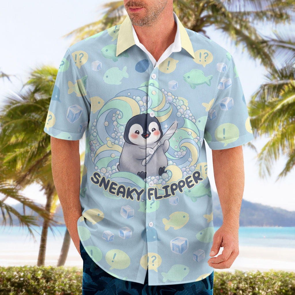 Sneaky Flipper Cute Penguin Holding Knife Hawaiian Shirt Funny Chibi Penguin Graphic With Ice And Fish Pattern
