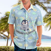 Sneaky Flipper Cute Penguin Holding Knife Hawaiian Shirt Funny Chibi Penguin Graphic With Ice And Fish Pattern