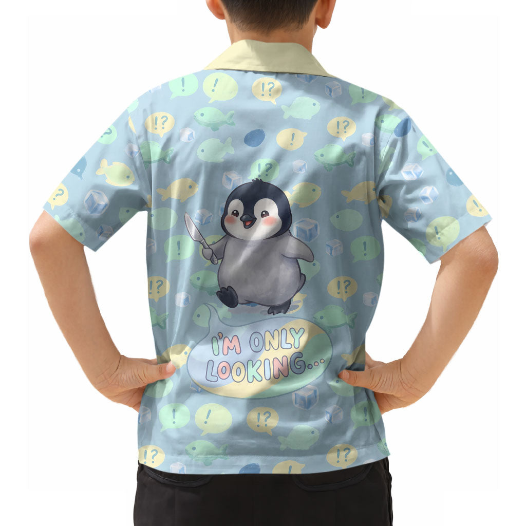 Sneaky Flipper Cute Penguin Holding Knife Hawaiian Shirt Funny Chibi Penguin Graphic With Ice And Fish Pattern