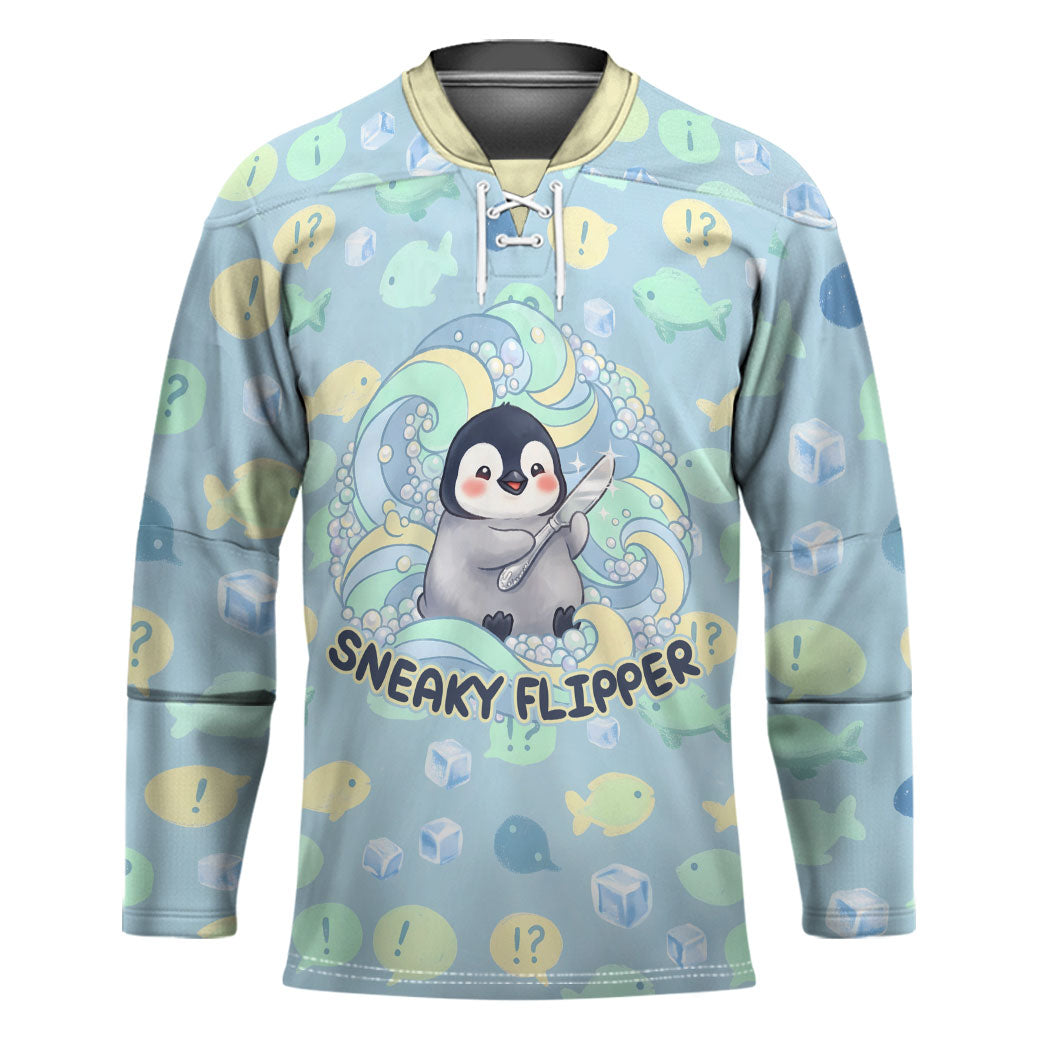 Sneaky Flipper Cute Penguin Holding Knife Hockey Jersey Funny Chibi Penguin Graphic With Ice And Fish Pattern
