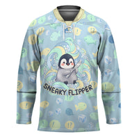 Sneaky Flipper Cute Penguin Holding Knife Hockey Jersey Funny Chibi Penguin Graphic With Ice And Fish Pattern