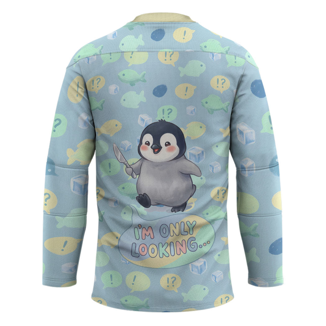 Sneaky Flipper Cute Penguin Holding Knife Hockey Jersey Funny Chibi Penguin Graphic With Ice And Fish Pattern