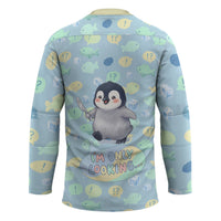 Sneaky Flipper Cute Penguin Holding Knife Hockey Jersey Funny Chibi Penguin Graphic With Ice And Fish Pattern