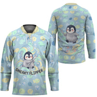 Sneaky Flipper Cute Penguin Holding Knife Hockey Jersey Funny Chibi Penguin Graphic With Ice And Fish Pattern