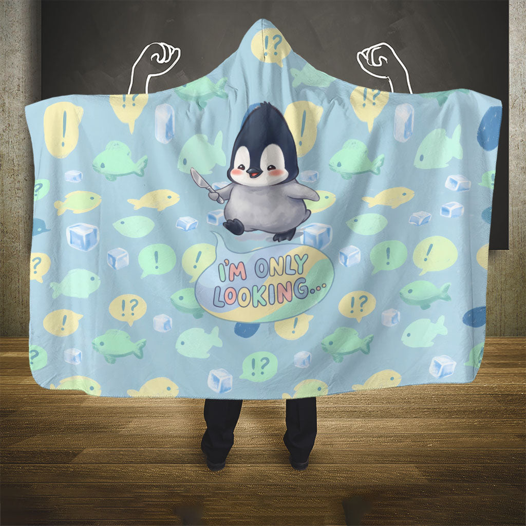 Sneaky Flipper Cute Penguin Holding Knife Hooded Blanket Funny Chibi Penguin Graphic With Ice And Fish Pattern
