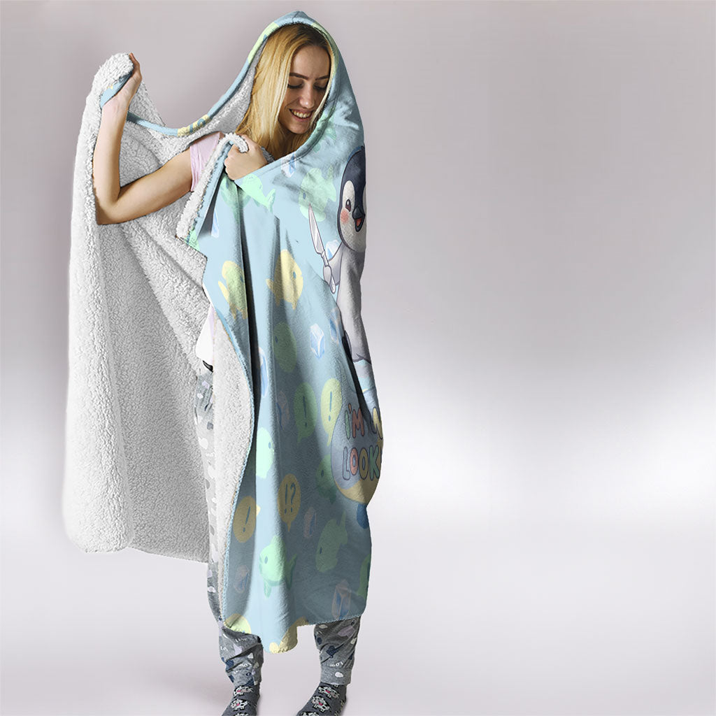 Sneaky Flipper Cute Penguin Holding Knife Hooded Blanket Funny Chibi Penguin Graphic With Ice And Fish Pattern