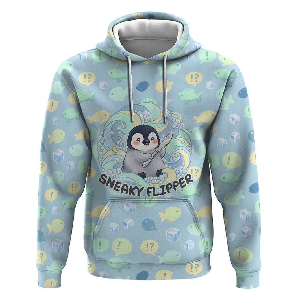 Sneaky Flipper Cute Penguin Holding Knife Hoodie Funny Chibi Penguin Graphic With Ice And Fish Pattern