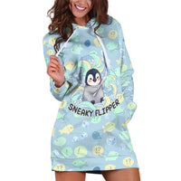 Sneaky Flipper Cute Penguin Holding Knife Hoodie Dress Funny Chibi Penguin Graphic With Ice And Fish Pattern