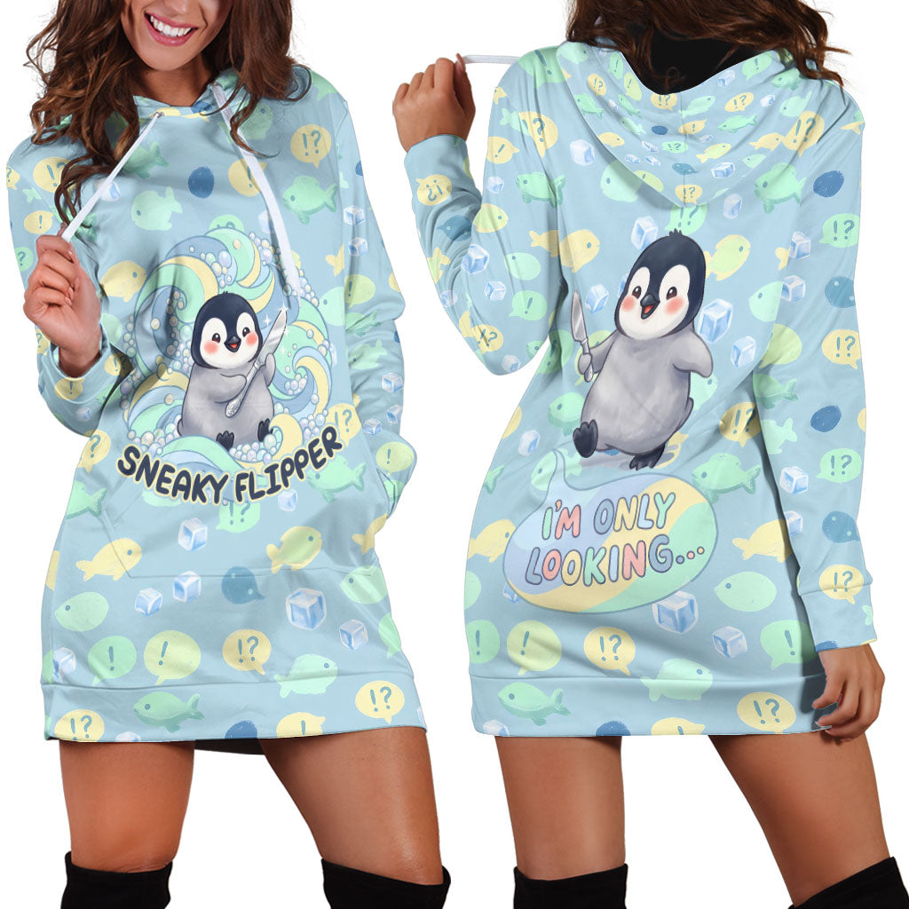 Sneaky Flipper Cute Penguin Holding Knife Hoodie Dress Funny Chibi Penguin Graphic With Ice And Fish Pattern