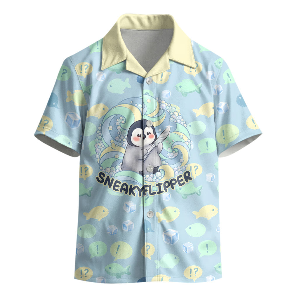 Sneaky Flipper Cute Penguin Holding Knife Kid Hawaiian Shirt Funny Chibi Penguin Graphic With Ice And Fish Pattern