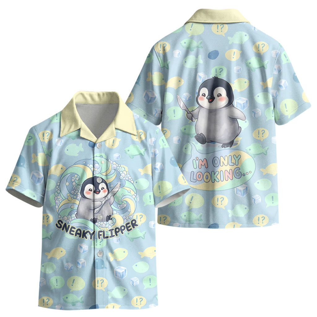 Sneaky Flipper Cute Penguin Holding Knife Kid Hawaiian Shirt Funny Chibi Penguin Graphic With Ice And Fish Pattern