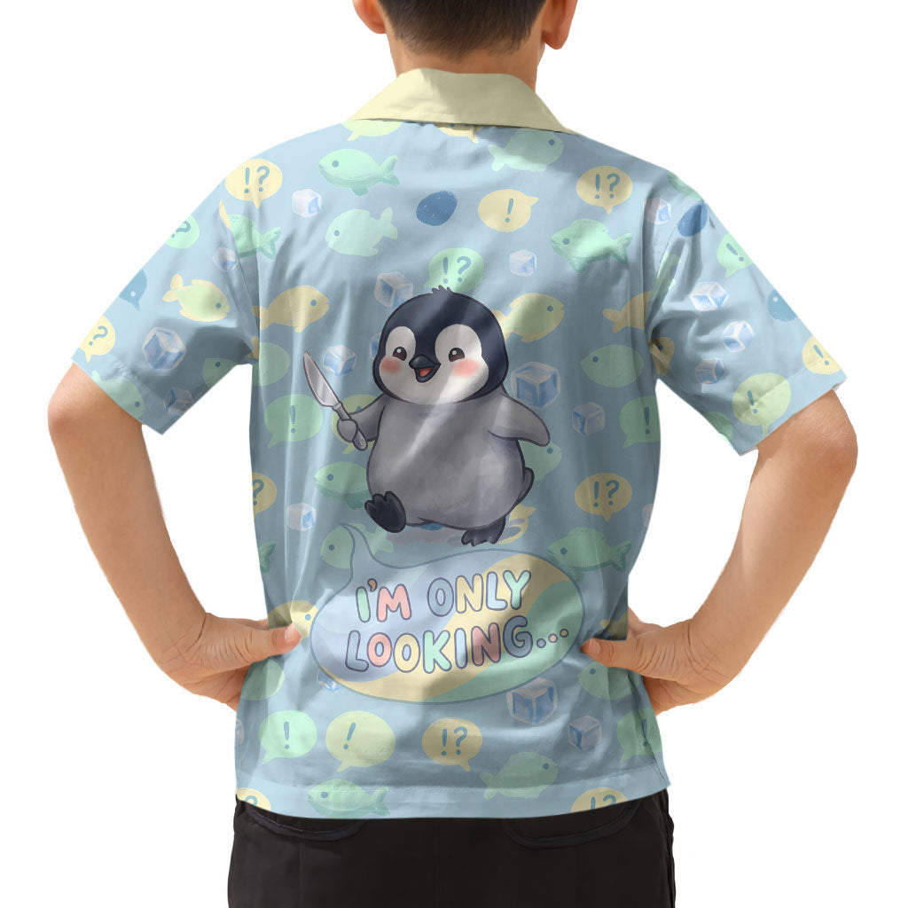 Sneaky Flipper Cute Penguin Holding Knife Kid Hawaiian Shirt Funny Chibi Penguin Graphic With Ice And Fish Pattern