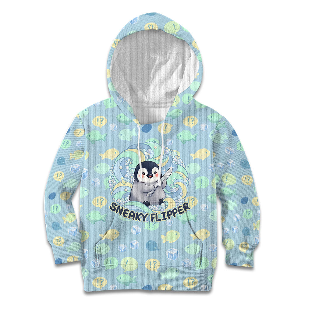 Sneaky Flipper Cute Penguin Holding Knife Kid Hoodie Funny Chibi Penguin Graphic With Ice And Fish Pattern
