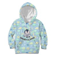 Sneaky Flipper Cute Penguin Holding Knife Kid Hoodie Funny Chibi Penguin Graphic With Ice And Fish Pattern