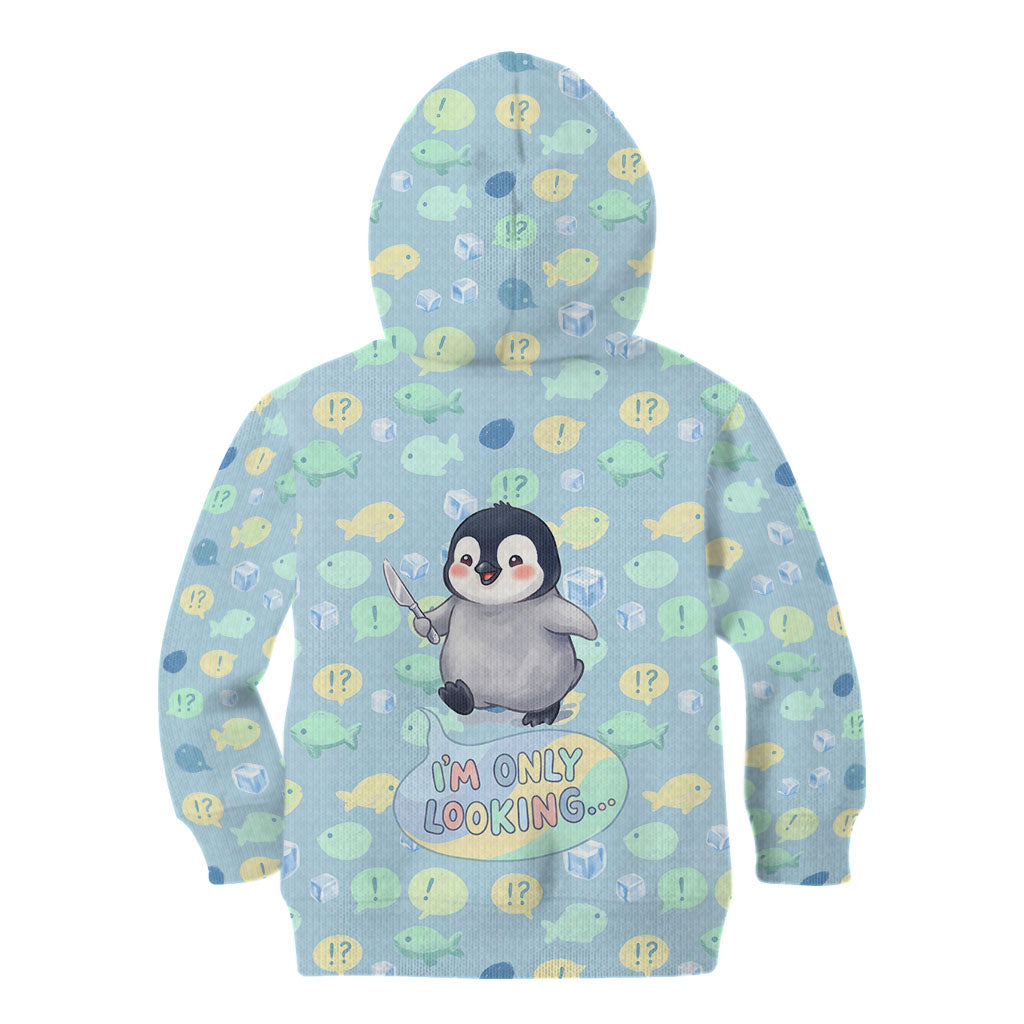 Sneaky Flipper Cute Penguin Holding Knife Kid Hoodie Funny Chibi Penguin Graphic With Ice And Fish Pattern