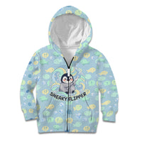 Sneaky Flipper Cute Penguin Holding Knife Kid Hoodie Funny Chibi Penguin Graphic With Ice And Fish Pattern