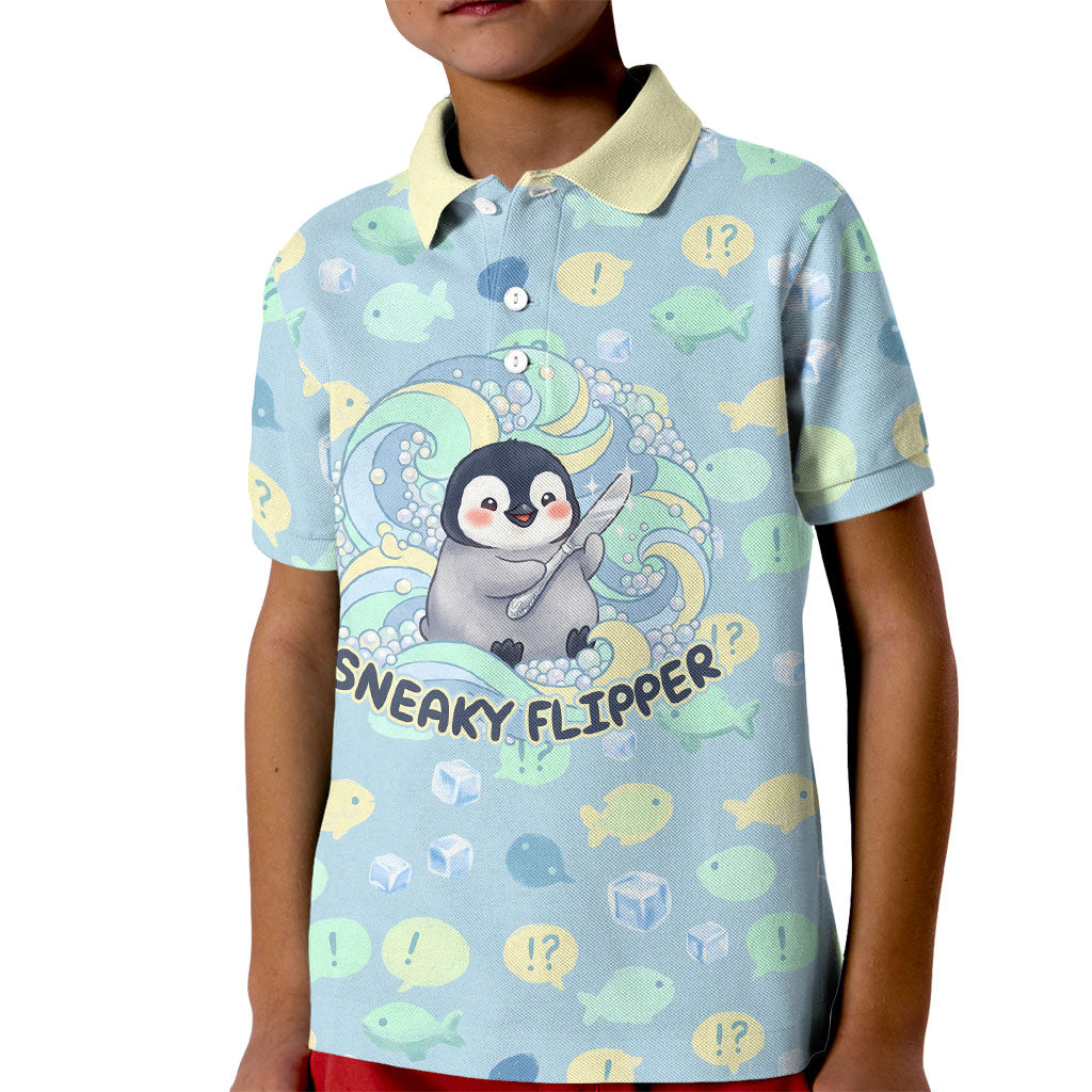 Sneaky Flipper Cute Penguin Holding Knife Kid Polo Shirt Funny Chibi Penguin Graphic With Ice And Fish Pattern