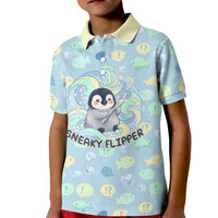 Sneaky Flipper Cute Penguin Holding Knife Kid Polo Shirt Funny Chibi Penguin Graphic With Ice And Fish Pattern