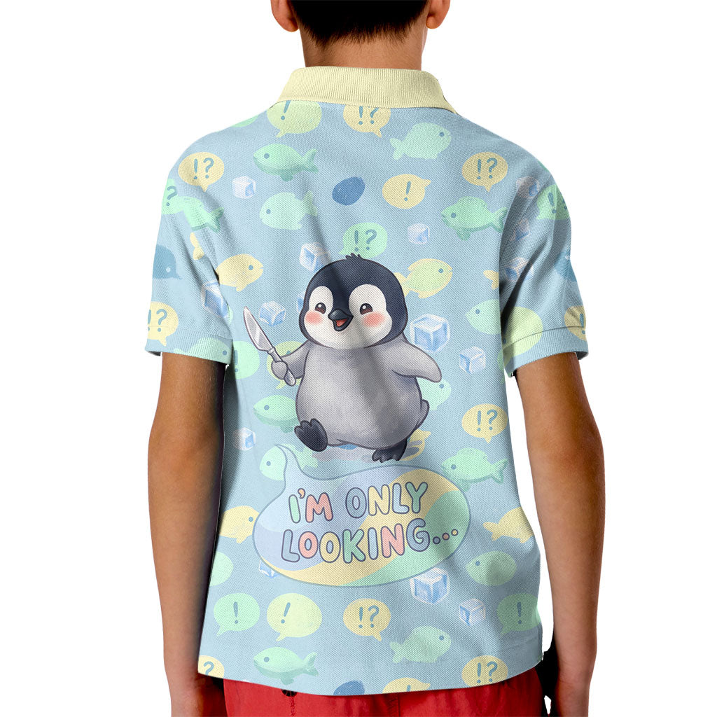 Sneaky Flipper Cute Penguin Holding Knife Kid Polo Shirt Funny Chibi Penguin Graphic With Ice And Fish Pattern