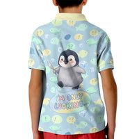 Sneaky Flipper Cute Penguin Holding Knife Kid Polo Shirt Funny Chibi Penguin Graphic With Ice And Fish Pattern