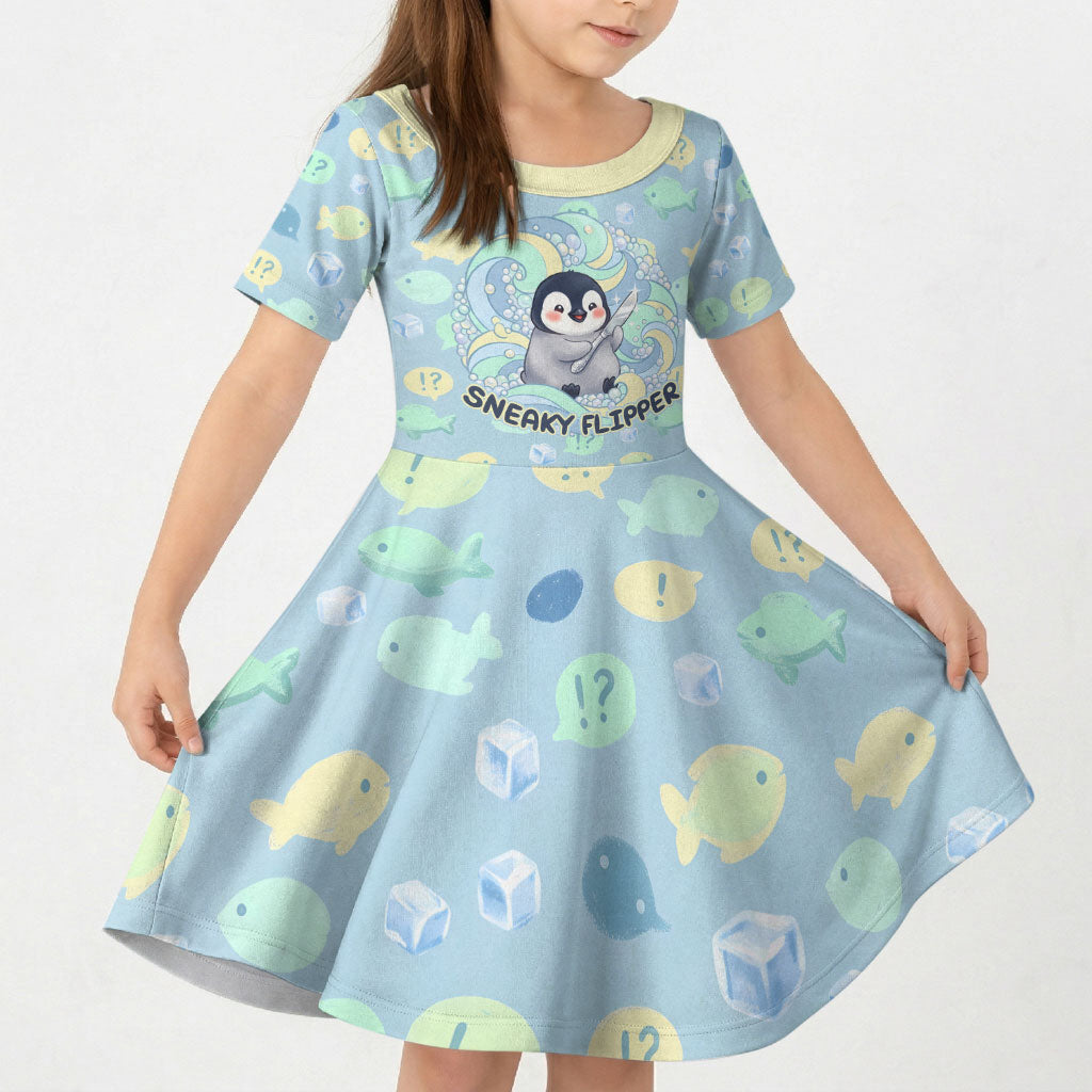Sneaky Flipper Cute Penguin Holding Knife Kid Short Sleeve Dress Funny Chibi Penguin Graphic With Ice And Fish Pattern