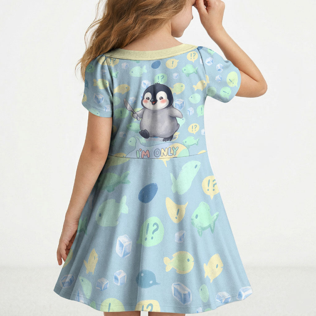 Sneaky Flipper Cute Penguin Holding Knife Kid Short Sleeve Dress Funny Chibi Penguin Graphic With Ice And Fish Pattern