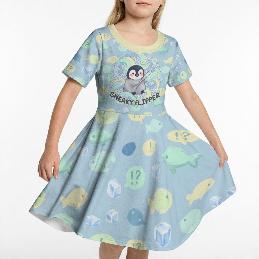 Sneaky Flipper Cute Penguin Holding Knife Kid Short Sleeve Dress Funny Chibi Penguin Graphic With Ice And Fish Pattern