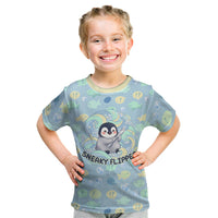 Sneaky Flipper Cute Penguin Holding Knife Kid T Shirt Funny Chibi Penguin Graphic With Ice And Fish Pattern