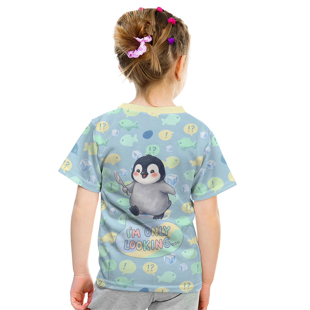 Sneaky Flipper Cute Penguin Holding Knife Kid T Shirt Funny Chibi Penguin Graphic With Ice And Fish Pattern