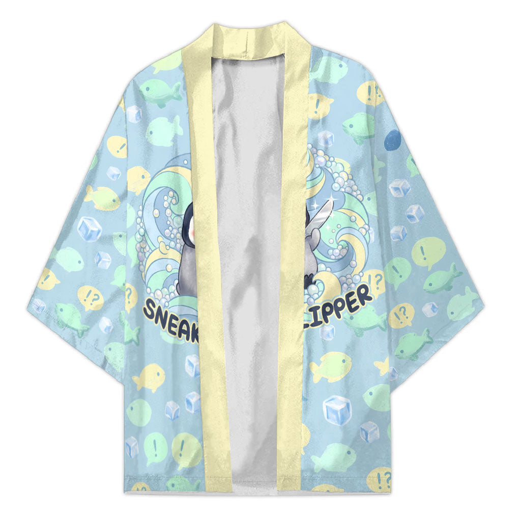 Sneaky Flipper Cute Penguin Holding Knife Kimono Funny Chibi Penguin Graphic With Ice And Fish Pattern